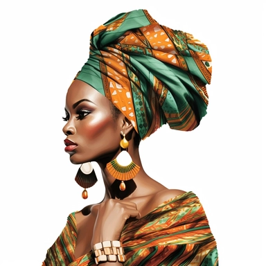clipart, full body, african american woman wearing african print headwraps and matching earrings, glam, realistic, isolated white background--s 250