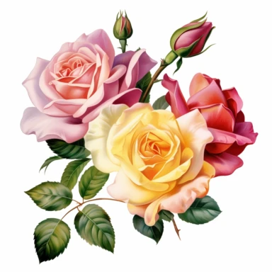 Imagine a delightful watercolor clipart featuring a collection of exquisite roses. The vector image showcases the beauty and elegance of these beloved flowers against a crisp white background. The roses are depicted with vivid and vibrant colors, inviting you to bring them to life with your artistic touch. Each petal of the roses is meticulously illustrated, with delicate details capturing their graceful curves and textures. The variety of colors available in the clipart allows you to explore a 