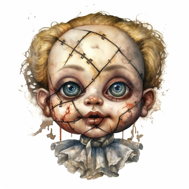 a headshot showing the scary face of a possessed antique doll with cracks, watercolor, ultra high-detail, dark outlines, clipart
