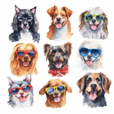 watercolor, dogs being funny, sun glasses, smile, different types of dogs, clip art, attention to detail, white background, 8k