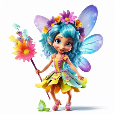 A 3D brightly colored cartoon character design of a tiny fairy with butterfly wings, wearing a flower dress, and a wand, with high detail, clipart stickers