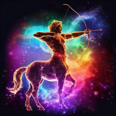 Sagittarius, man mixed with horse shooting a bow and arrow like an archer, rainbow, galaxy, fluorescense, beautiful, looking to the side, clipart /8k/