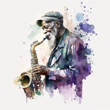 watercolor clipart, old black man playing a saxophone, New Orleans jazz, flat style, white background--s 500
