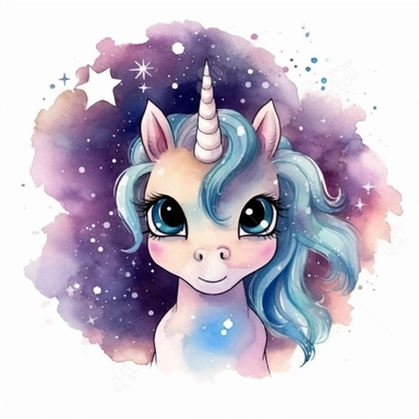Cartoon Dreamy Unicorn Silhouette against a Starry Sky, Big Eyes, cartoon, watercolor, professional clipart, white background, neat, clean