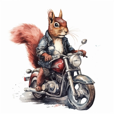 squirrel riding on harley davidson, motorcycle gang outfit, handpainted,watercolor, vector, clipart, clean white background