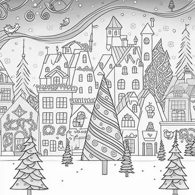 Elaborate Christmas scene, clipart style, line art, bold lines, smooth lines, clean, white, mono, fun, simple, “interesting complimenting background” uhd, 32k