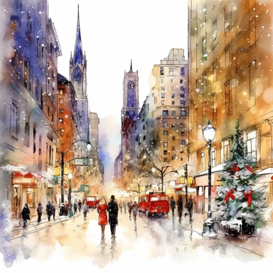Christmas eve in New York, style by Thomas Kinkade, watercolor, smooth gradients, black contour outline, ultra detailed, clipart elements, vibrant colors, solid white background, super clear, high quality