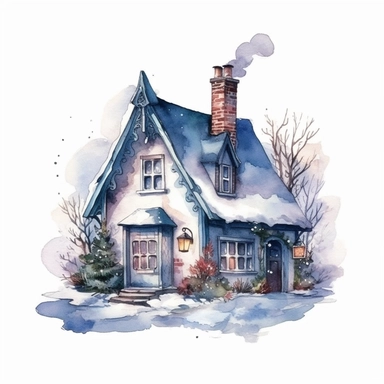 winter scenery, snow, Boho fairy tale cottage house watercolor clipart