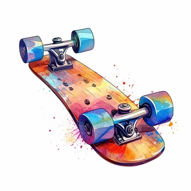 watercolor clipart realistic A stylized skateboard with colorful wheels and unique designs on the deck