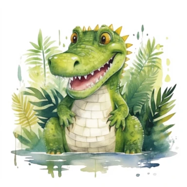 Watercolor happy crocodile in rainforest clipart, for childish cards, illustration style, on white background, detailed, hd