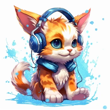 cute kitten listening to music in the style of skottie young, clipart