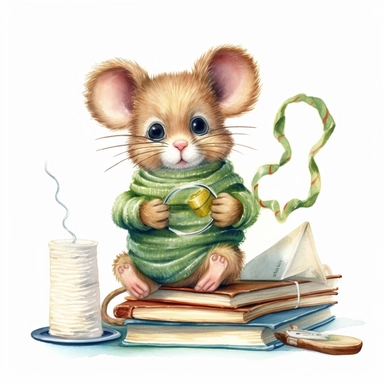 watercolor clipart, cute little brown mouse wearing glasses and a green scarf, sitting on the top of a sewing thread spool reading a book, soft golden glow, isolated and centered on a white background, detailed 8K