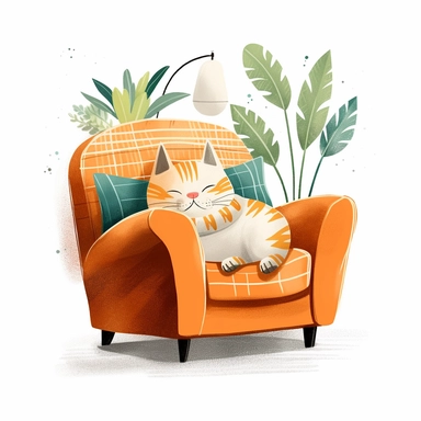 Cat asleep on an armchair, high definition, 8k, insanely detailed, white background, isolated clipart, fine detail, sharp focus, illustration, vector, children's book illustration style, bright and colourful illustration style of Jon Klassen and Atey Ghailan