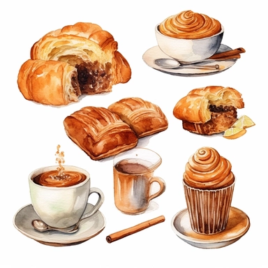 Morning coffee and swets watercolor clipart collection. Espresso shot, brown sugar. croissant, cakes, cinnamon. Hand drawn desserts delicate Colours