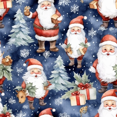 seamless, detailed watercolor, 1 christmas cute santa clipart, 5 fingers, hd, 4k, ultra quality, high quality,