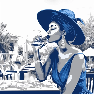 black woman in royal blue dress wearing a white sunhat sipping wine from a glass sitting elegantly at outdoor restaurant in france, hand drawn clipart, in the style of a fashion design mockup