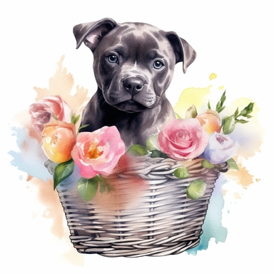 clipart watercolor, very cute Staffordshire Bull Terrier puppy, sitting in a basket with flowers, full body, childlike, free brushwork, white background, high solution