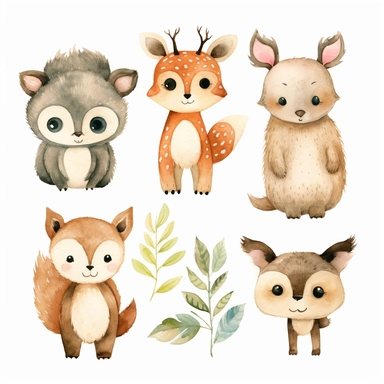 cute gender neutral colored forest animal baby in watercolor style clipart