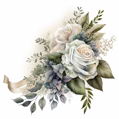 clipart aquarelle, detailed ans realistic, white background. beautiful flower tribute in white color, white theme, Bouquet for funeral, loss, sorry, with additions like sash ribbon