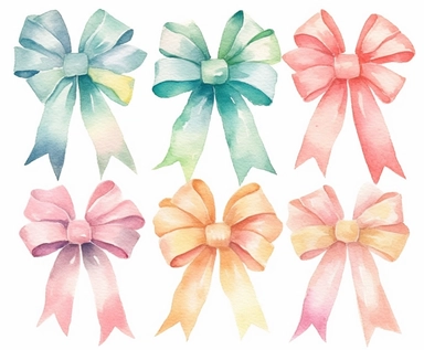 watercolor six ribbons clipart, flat style, no volume, few details, washed out, minimalistic style, very lose details, very light colors, transparent colors, light airy hues and pastel tones, spaced out, white background, washed out colors and paint, hand-painted watercolor, watercolor paper with visible rough paper texture, a variety of watercolor brushes, do not cross workspace borders, rough watercolor paper texture on top