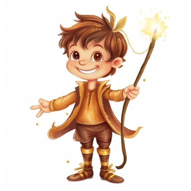 a cute fairy boy in a brown and gold outfit standing with his wand with his little winigs spread. he is smiling because he knows his friends will soon arrive, for clipart with a white background
