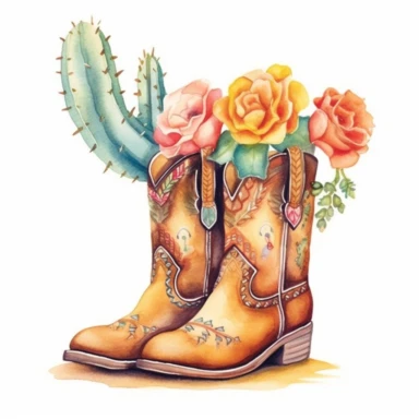 Design an enchanting watercolor clipart illustration on a white isolated background vector, showcasing beautifully embellished leather cowboy boots with intricate and colorful floral motifs, harmoniously set amidst a serene desert landscape teeming with a diverse array of cacti and succulent plants. Draw inspiration from the artistic style of Anne Abgott, a talented watercolor artist celebrated for her harmonious color palettes and luminous atmospheres, to create a composition that exudes tranqu
