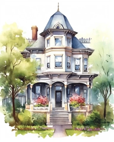 Watercolor clipart huge victorian house with conical roof, with lush garden, realistic, isolated on white background