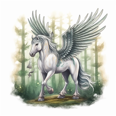 Create a clipart showcasing a Pegasus standing proudly as a guardian of the Forbidden Forest. Illustrate the creature amidst tall trees, with a sense of mystery and magic. Incorporate elements like glowing eyes, dappled sunlight, and other magical creatures or plants found within the forest, realistic, detailed, watercolor, white clear background, clipart