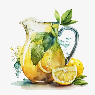 Watercolor one lemon juice in a pitcher Clipart, citrus lemon, vibrant color, high details, white background, no text