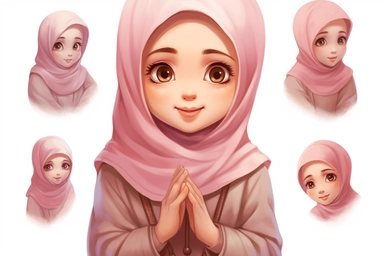 Aisha Hisan, a beautiful 5 year old girl, pink dress, pink hijab, pink clothes, 6 different expressions (happy, laughing, smiling), Watercolor Clipart, strybk, full Illustration, 4k, sharp focus, watercolor, smooth soft skin, symmetrical, soft lighting, detailed face, concept art, watercolor style, strybk, children's style fairy tales, chibi kawaii, . Octane rendering, 3d. Perfect face, detailed face, delicate face, perfect sharp lips, detailed eyes. Craig Davison, Aubrey Beardsley, Conrad Roset