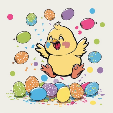 cartoon style, cute, happy, jumping Easter Chick with easter eggs, no description, clipart