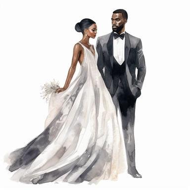 amazing detailed watercolor clipart of a black woman bride with a beautiful couture dress and long veil and a black male groom, solid white background, clean sharp focus