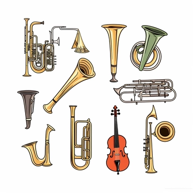 simple flat Clipart on a white background, a microphone, a tuba, a flute, a trumpet, a trumpet, all separate and not touching