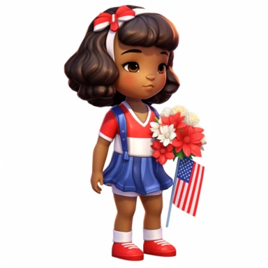 an adorable chubby black girl with brown hair, big brown eyes, wearing a memorial day outfit, red,white and blue colors, clipart illustration, cute, adorable, joyful, full body view, center composition, photorealistic, transparent background,