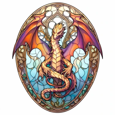 Gothic arched doorway window with a captivating stained glass-inspired dragon artwork clipart on a white background. light colors simlisistic design showcasing transparency, simplicity, and vibrant luminous colors in a stained glass style. The dynamic hues bring the dragon to life within the arched doorway window.