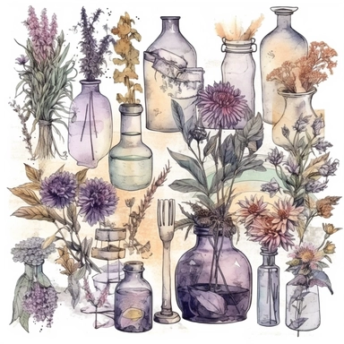 Pastel spooky witches herbs and botanicals clipart image, in the style of mystic mechanisms, subtle pastel tones, pencil art illustrations, soft pastel tones, reimagined by industrial light and magic, litho printing, illusory images, watercolor clipart