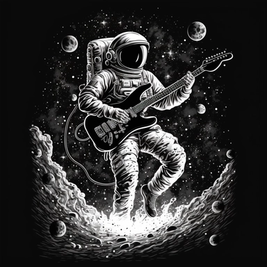 astronaut is flying through the space and plays on a guitar. Black and white, vector, Clipart, no background, Super sharp, bold outline, High quality, extrem detailed, Shirt Design