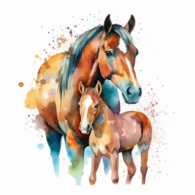 horse Mom and Baby Watercolor Clipart Graphic, 4k white background