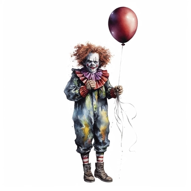 mystical dark scary watecolor halloween clown with balloon clipart, full body, hd 4k, detailed, focused, isolated on white background
