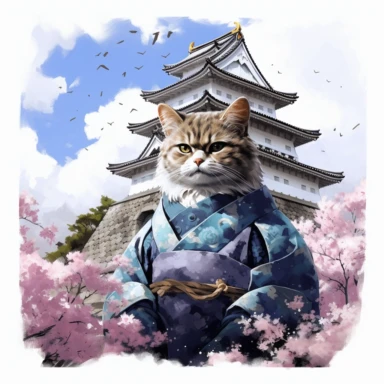 cherry blossoms laden on Osaka Castle Bottom, cheerful Ragdoll Cat cosplay wearing a samurai armor, Clipart Watercolor By Yuzo Komori. clean line, white background, spaced out