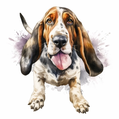 close up high detailed, Hand drawn watercolor clipart of Bassett Hound playing, on a pure white background for background removal.