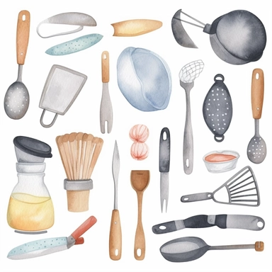 basic watercolor kitchen tools in minimal hand drawn style, Etsy, textured, clipart, white background