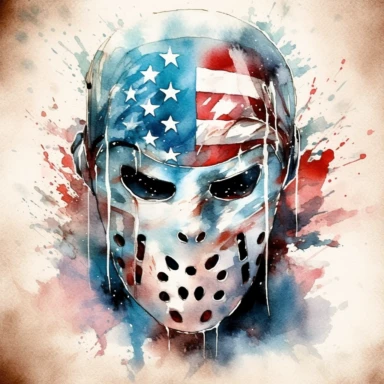 watercolour ice hockey mask painting american flag, in the style of digital mixed media, splatter paintings, full body, tattoo, parodic, sentimental realism, ferrania p30, clipart