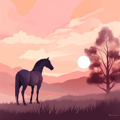 The clipart shows a horse in a delicate and romantic atmosphere. The horse is standing in a picturesque landscape illuminated by a warm, golden evening sun. The background is designed with soft hues like pastel pink, lavender or a soft sunset gradient. The horse itself has an elegant and graceful posture. It has its head slightly lowered as it gazes into the distance, as if filled with dreams and romance. The horse's eyes have a gentle and dreamy expression. The mane and tail are long and flowin