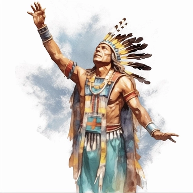 clipart, detailed watercolor, Maya Indian praying to god raising his hands to the sky, national costume, full length including legs, photorealistic 3D