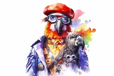Watercolor, Design a cartoon character dressed as a pirate, with an eye patch and a parrot on the shoulder, depicting a pirate captain clipart, hd, on a white background, spaced out