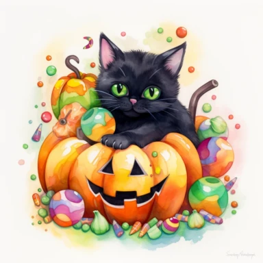 a large Halloween pumpkin, pumpkin is filled with colorful wrapped candies, lollipops, and candy corn, inside the pumpkin is a cute little black kitten with big green eyes, scattered candy is laying flat around the pumpkin, Halloween colors, magic, fantasy, watercolor, clipart style, white background with margins
