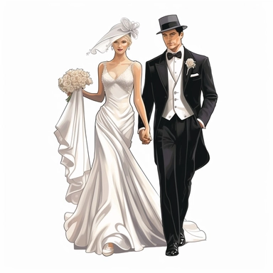 Bride and groom full body, fancy bride dress, high level of detail, vector clipart, white background