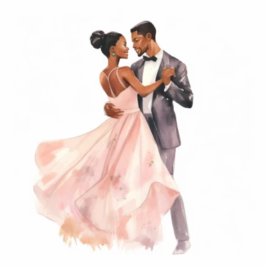 Ebony-skinned bride and brown-skinned groom, sharing their first dance, romantic and graceful, watercolor, Pixar style, Clipart on a white background.