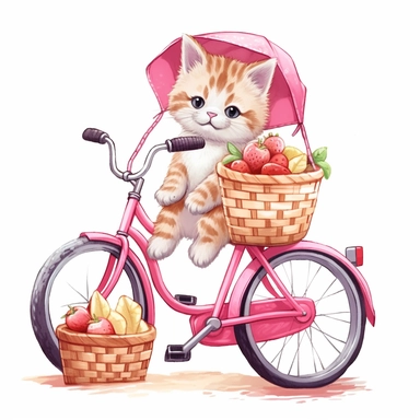 Create a clipart of a cute kitten riding a pink bicycle with a basket full of picnic food, ready for a day in the park. Low detail. White background, soft lighting. In the style of Bob Ross